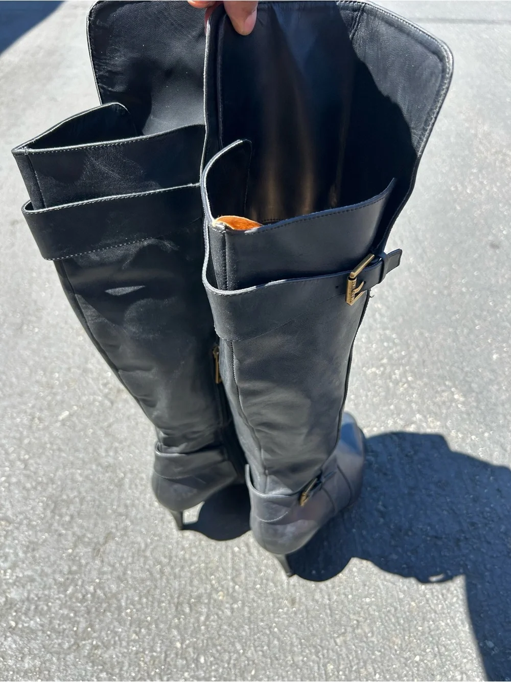 Lauren Ralph Lauren Black Leather Knee-High Boots with Gold Buckles Size 8B